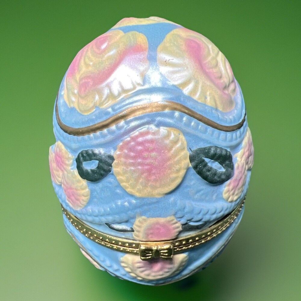 Hand-Painted Porcelain Egg Trinket Box w/Hinged Lid Gold-Tone Bow Clasp